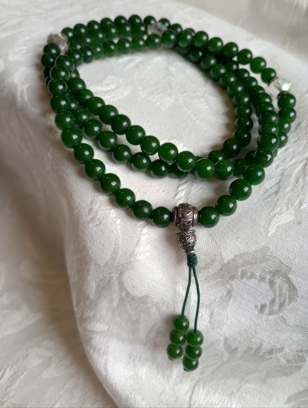 Mala Prayer Beads Green Natural Stone Glass Crystal Beads 34in
